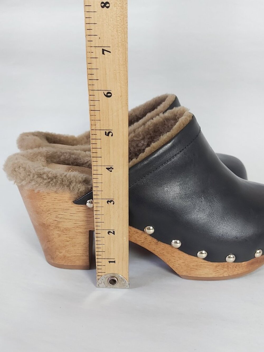 Beek Studs Chunky Cozy High Heel Woodpecker Shearling Clogs Size 7 Black Leather - Picture 9 of 11